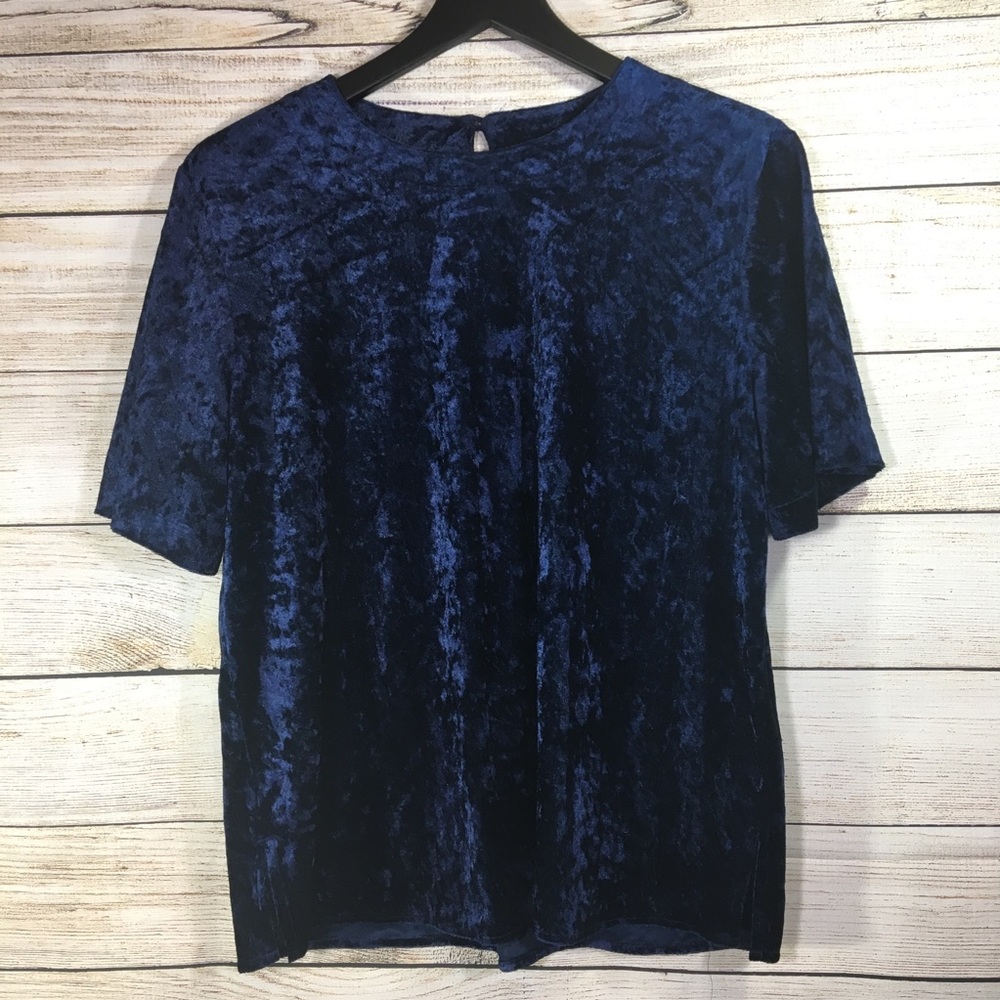 Elegancia Suede Navy Blue Short Sleeve Blouse Top